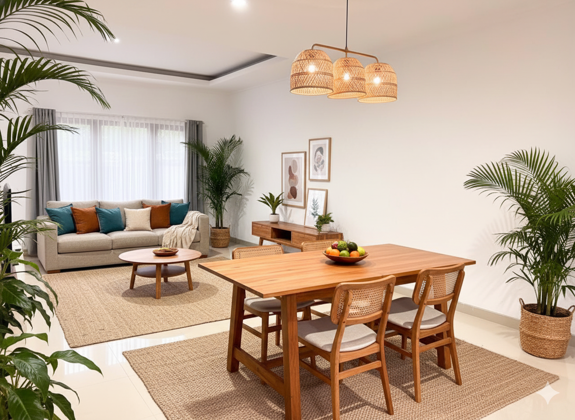 Villa living and dining area with natural materials